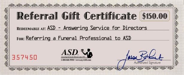 Referral Gift Certificate for $150 Redeemable at ASD - Answering Service for Directors