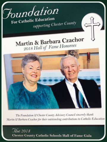 Graphic sharing that Marty and Barbara Czachor were inducted in 2018 into the Foundation for Catholic Education Hall of Fame in recognition of their longtime support of Catholic education.