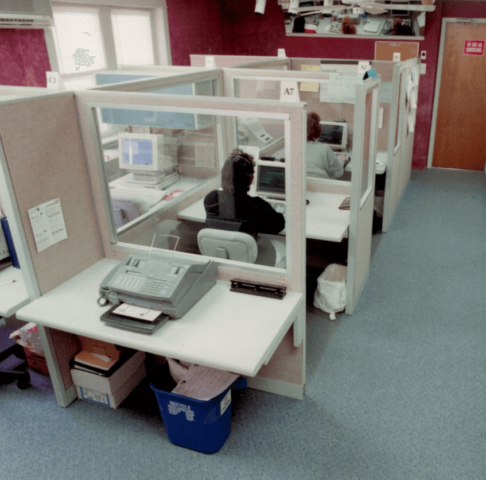 Cubicles in ASD's Operation Center after a makeover in the 90s to improve sound control and accommodate new computer equipment.