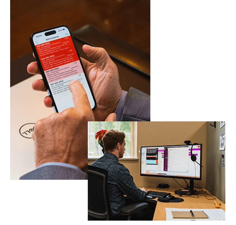 Closeup of funeral director's hands holding a phone with the ASD Mobile app open next to a photo of an ASD call specialist entering information on the computer