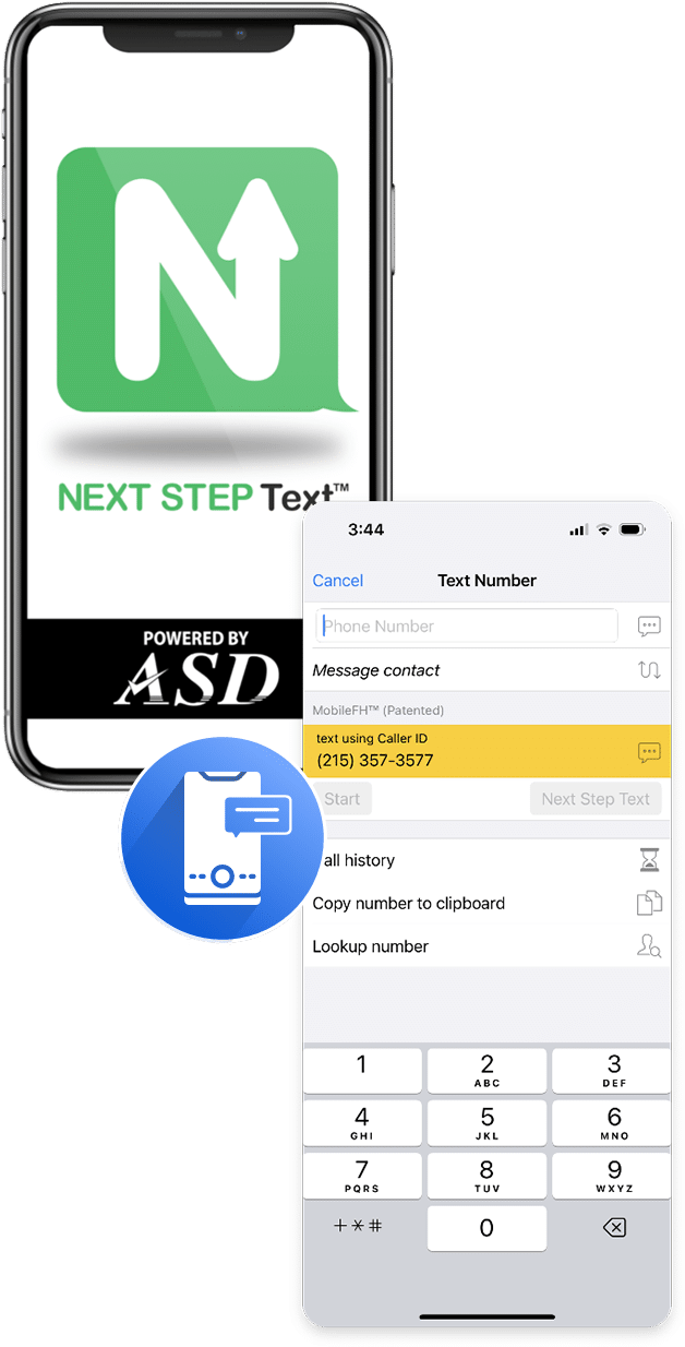 Phone with NEXT STEP Text app from ASD, along with a screenshot of the user interface when using the feature