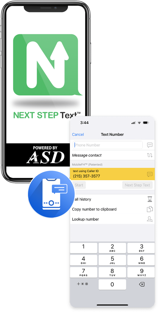 Phone with NEXT STEP Text app from ASD, along with a screenshot of the user interface when using the feature