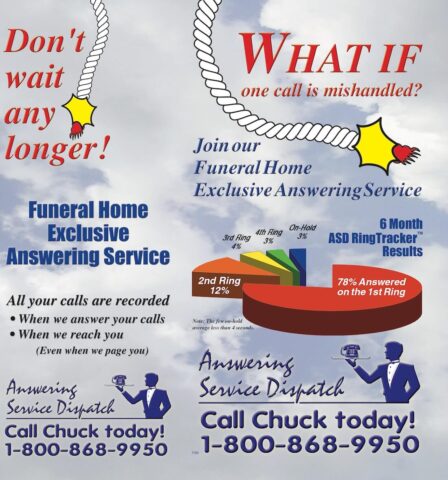 ASD ad from 1999 that reads "What if one call is mishandled? Don't wait any longer! Join our funeral home exclusive answering service. 78% answered on the 1st ring. All your calls are recorded when we answer you calls and when we reach you"