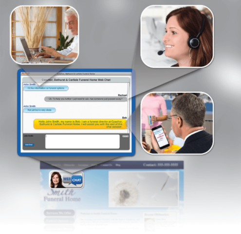An early promotion for ASD's Web Chat solution, including a chat window on a computer screen surrounded by the image of the client chatting, the ASD employee, and the funeral director