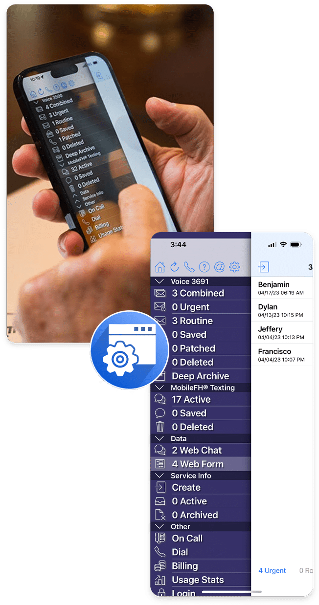 Closeup of a funeral director holding a phone with the ASD mobile app's menu open, and a screenshot listing the menu options in the app broken down by Voice, MobileFH Texting, Data, Service Info, and Other